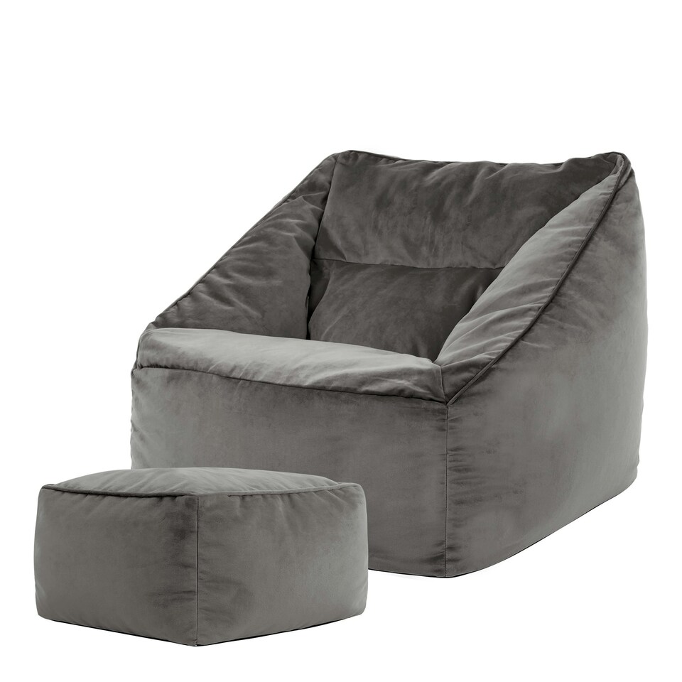 image 1 of icon Natalia Velvet Adults Bean Bag Armchair and Pouffe, Ready Filled Large Beanbag and Footstool Charcoal Grey Grey | Grey