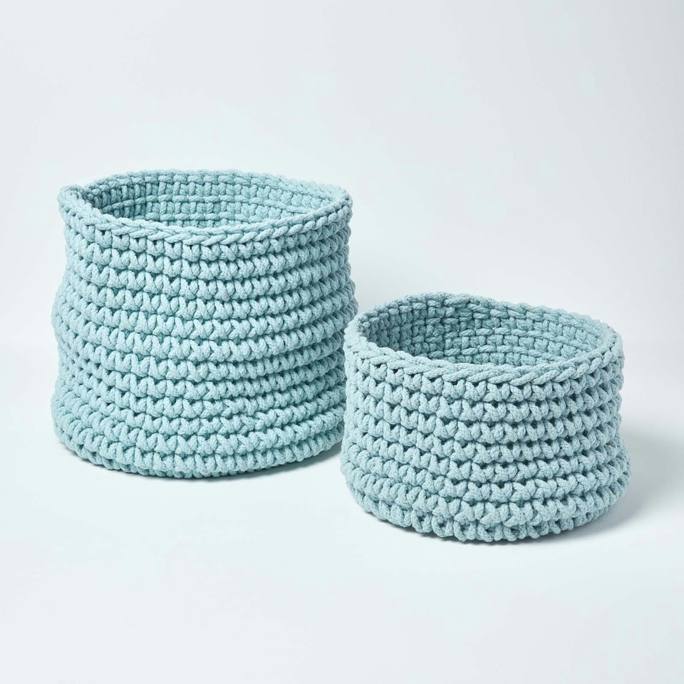image 1 of Homescapes Pastel Blue Cotton Knitted Round Storage Basket - 37 x 21 cm Blue | M