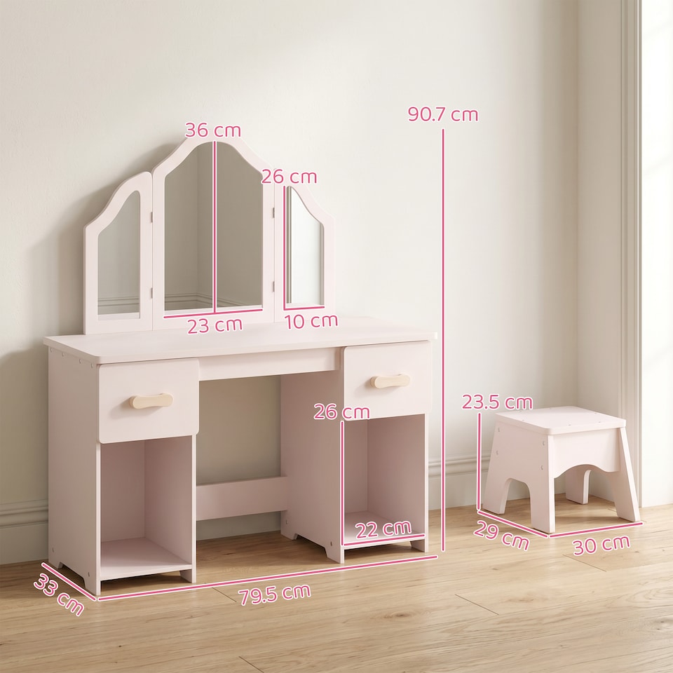 image 1 of AIYAPLAY Kids Vanity Table and Chair Set with Tri-Folding Mirror for 3+