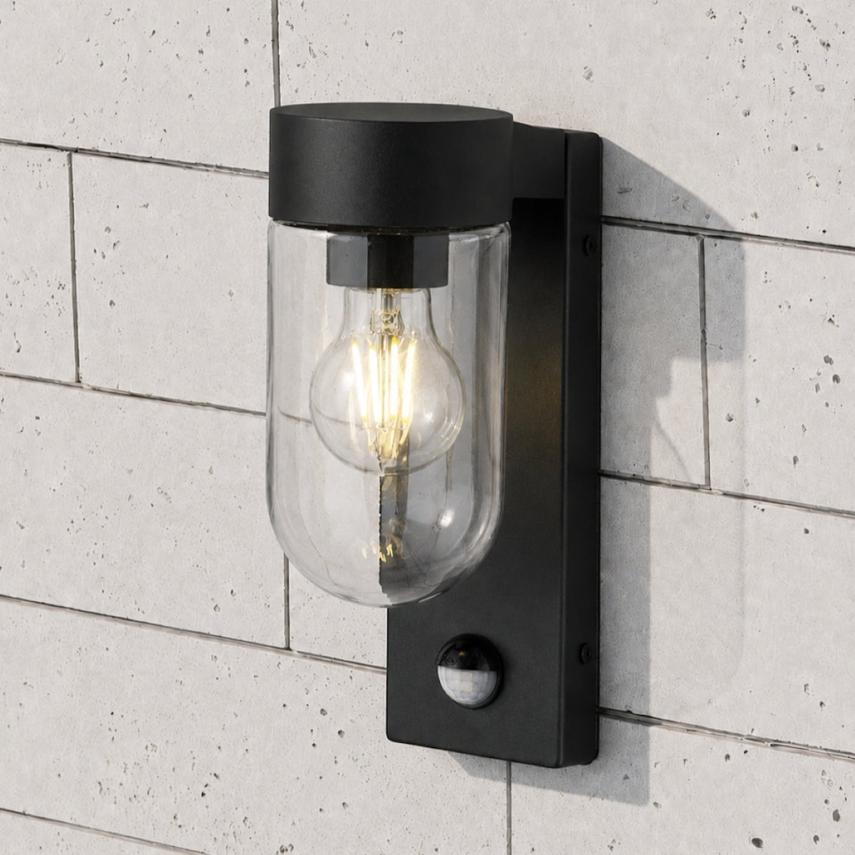 image 1 of CGC Rowan PIR Motion Sensor Black Outdoor Wall Lantern Light, IP54, Clear Diffuser