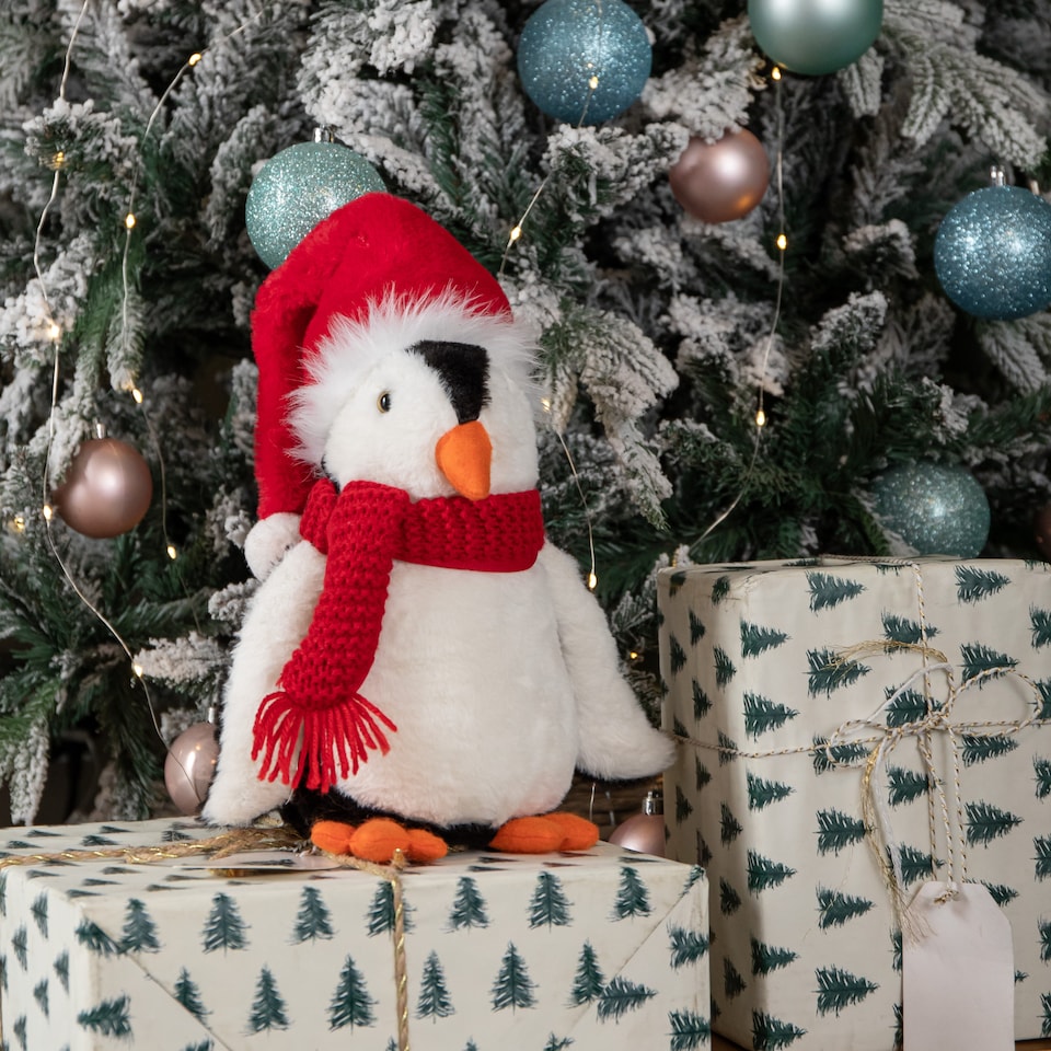 image 1 of 40cm Soft Cuddly Puppa Penguin Christmas Decoration with Santa Hat