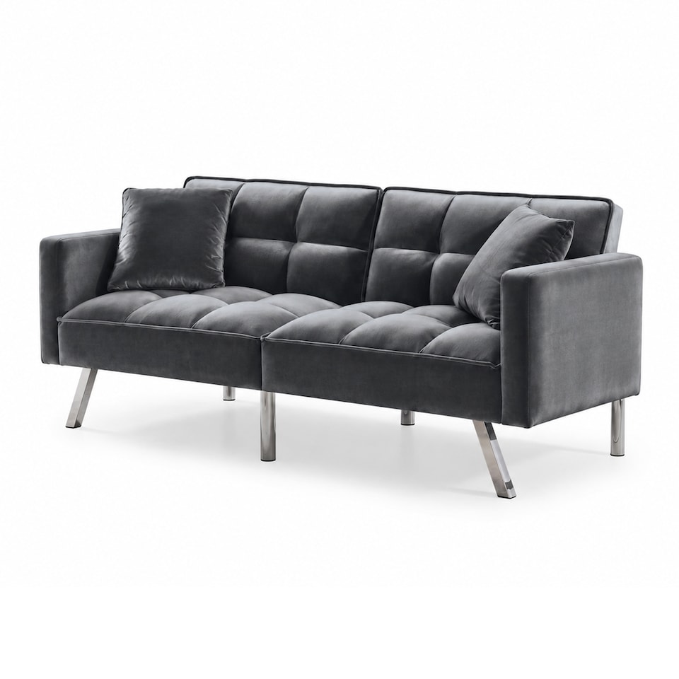 image 1 of Sofa Bed 2 Seater Grey Velvet Click Clack Sofa Settee Recliner Couch with Metal Legs with 2 Pillows