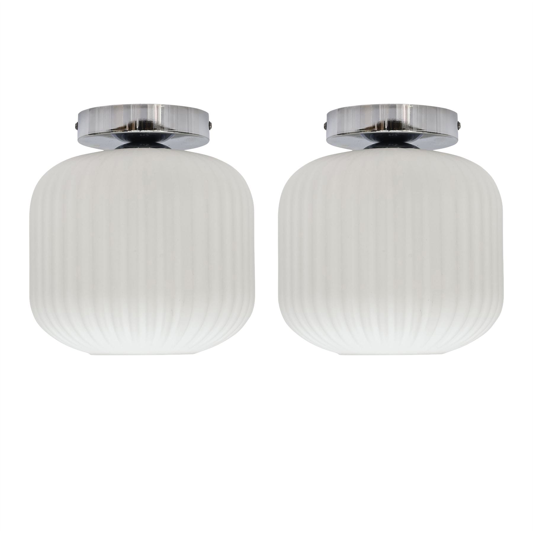 First Choice Lighting Set of 2 Bento - White Ribbed Glass Chrome Ceiling Light Fittings