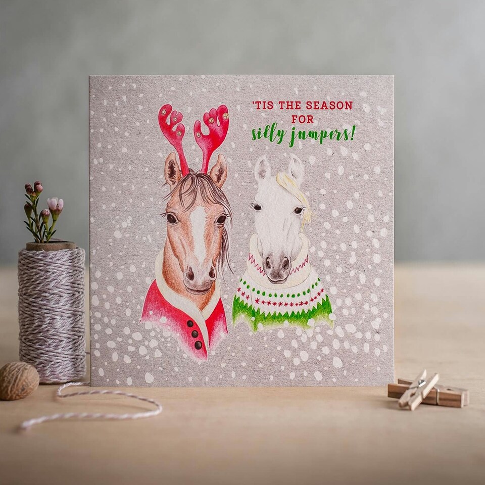 image 1 of Deckled Edge Christmas Card - Tis The Season For Silly Jumpers - Christmas Ponies (Silver) - One Size