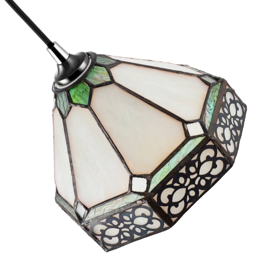 image 1 of Classic 1920s Shabby Chic Pendant Light Shade with Metal Scrollwork Decoration | Green