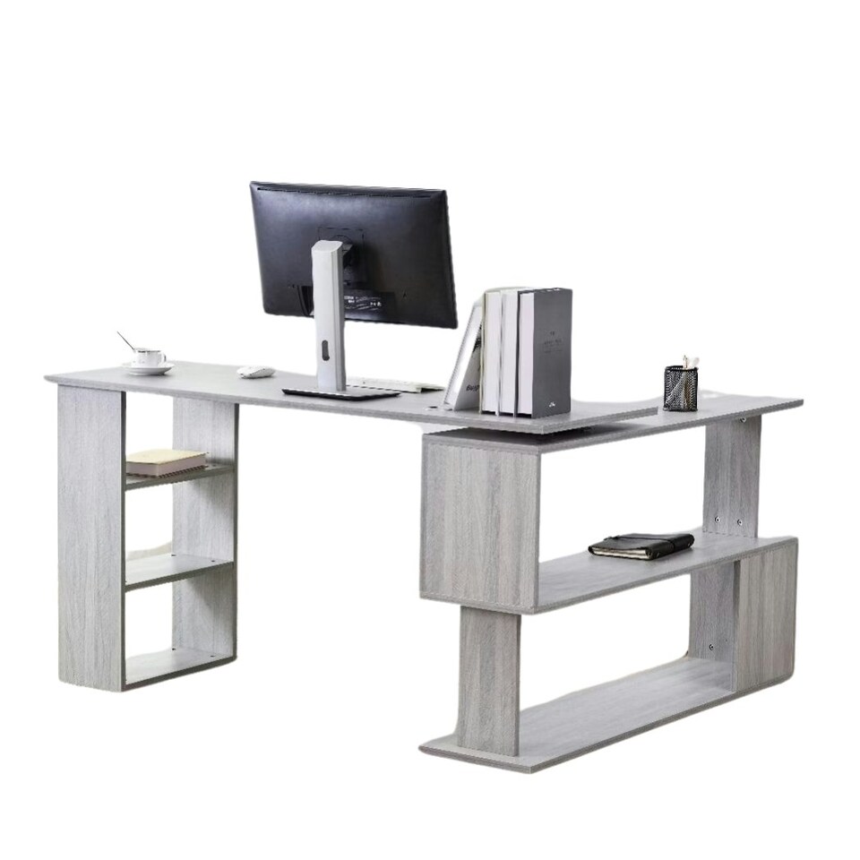 image 1 of Grey Office Desk L-shaped with Mobile Storage Drawer Unit Wooden Room Furniture Grey