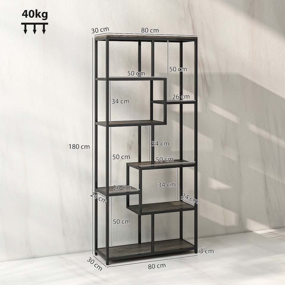 image 1 of HOMCOM 7-Tier Bookshelf, Geometric Bookcase, Industrial Floor Standing Book Shelf, Open Display Shelving Unit for Living Room, Home Office and Bedroom, Grey and Black | Black | Grey and Black