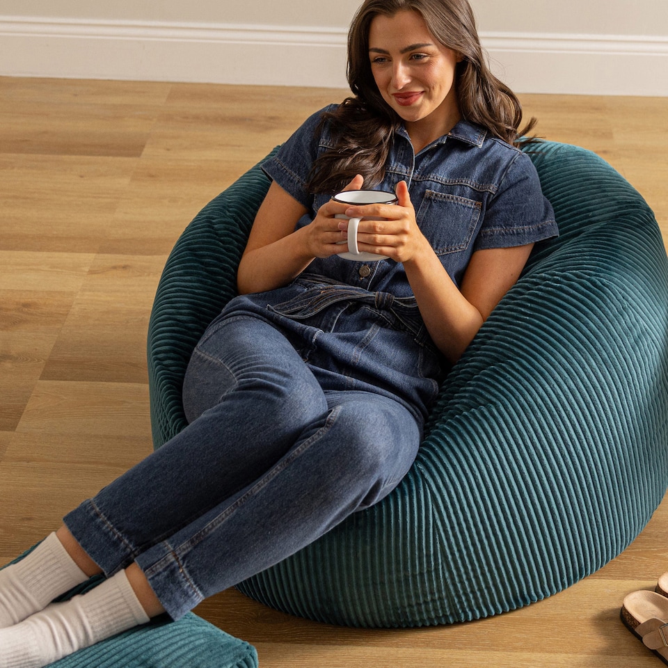 image 1 of Kingston Cord Adults Bean Bag Chair and Pouffe, Ready Filled Beanbag and Footstool Teal | Green | Teal Green | 2