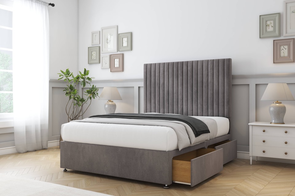 image 1 of Sloomy Manhattan Slate Naples Divan Bed Base 2 Drawers Foot-End With 26 Inch Strutted Headboard | Grey | Slate | Small Double | 1