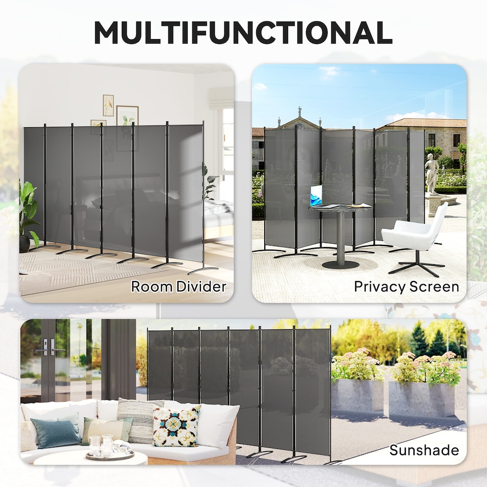 image 1 of Outsunny Garden Privacy Screen Foldable 6 Panel Room Divider, Dark Grey