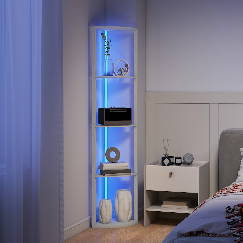 image 1 of HOMCOM RGB LED Floor Lamp with Shelves, 5-Tier Dimmable Standing Lamp with Adjustable Brightness and Remote Control, Modern Corner Display Shelf Unit for Living Room Bedroom Office, Oak | White