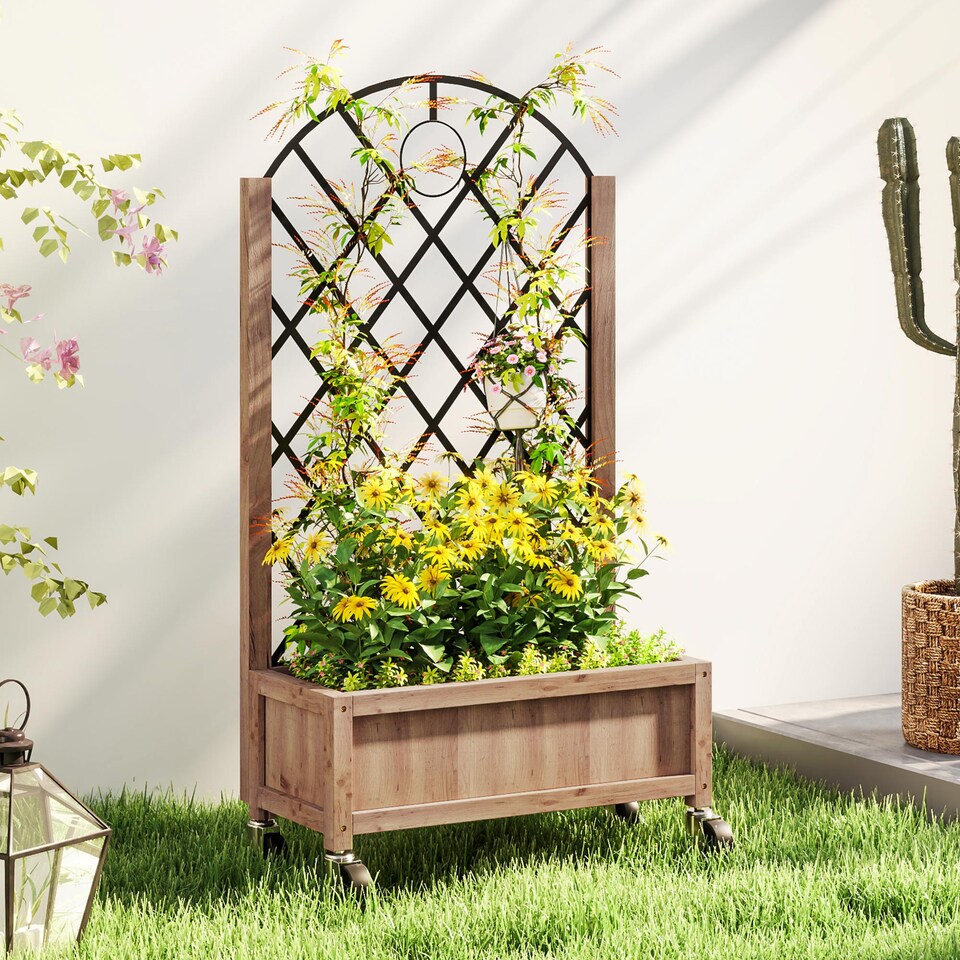 image 1 of Outsunny Wooden Raised Bed, Outdoor Planter Box  Metal Trellis | Brown | Brown