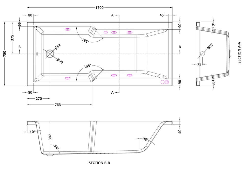 image 1 of Balterley Square Straight Shower Bath Whirlpool Bath with 6 Jets and Leg Set