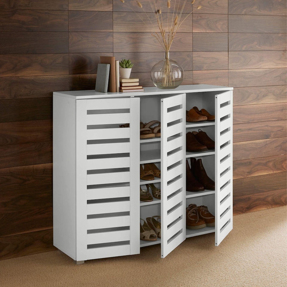 image 1 of Oslo 3 Door Wooden Shoe Storage Cabinet Rack Stand Cupboard Slatted Doors | White