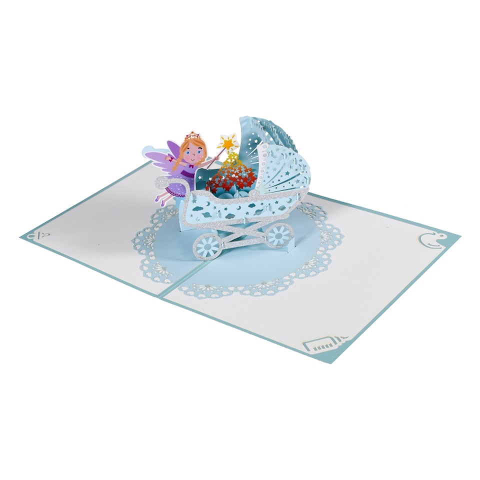 image 1 of Blue Baby Boy Carriage and Fairy 3D Pop Up Baby Shower Greeting Card