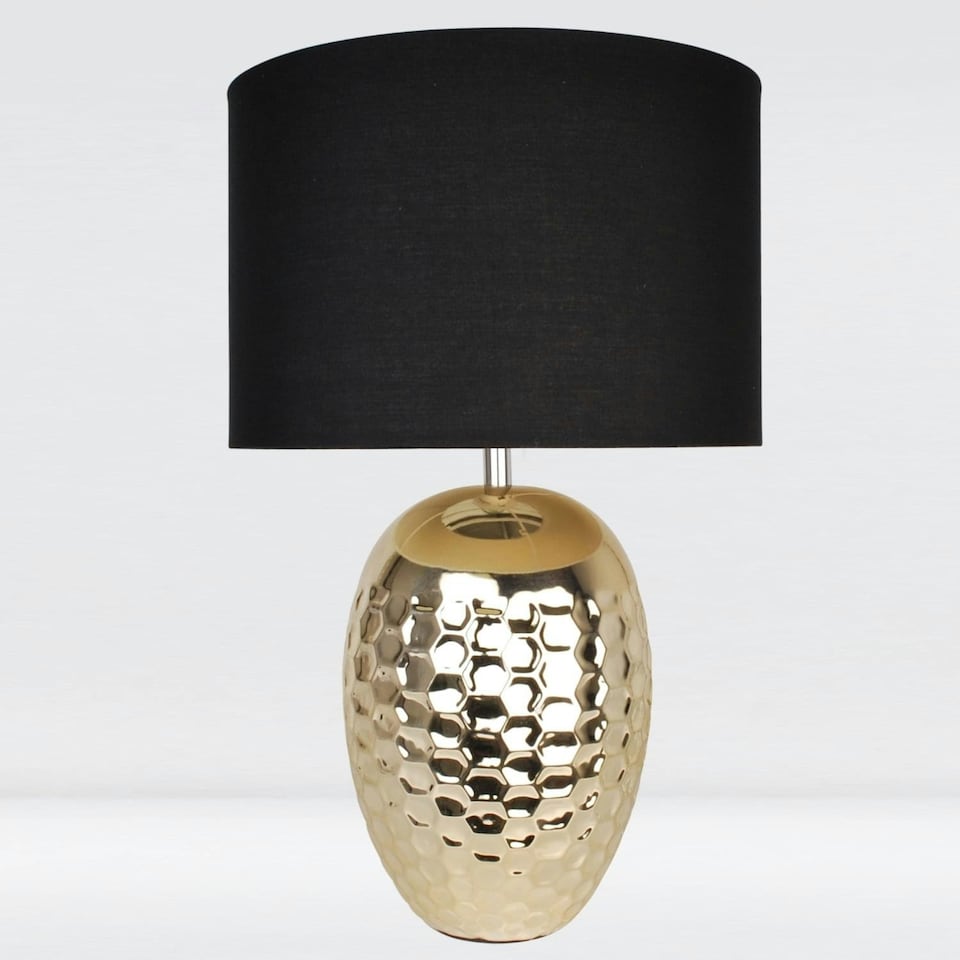 image 1 of First Choice Lighting Textured Ceramic Bedside Table Light with Pale Gold Plated Finish and Black Textured Cotton Fabric Shade Gold | Black