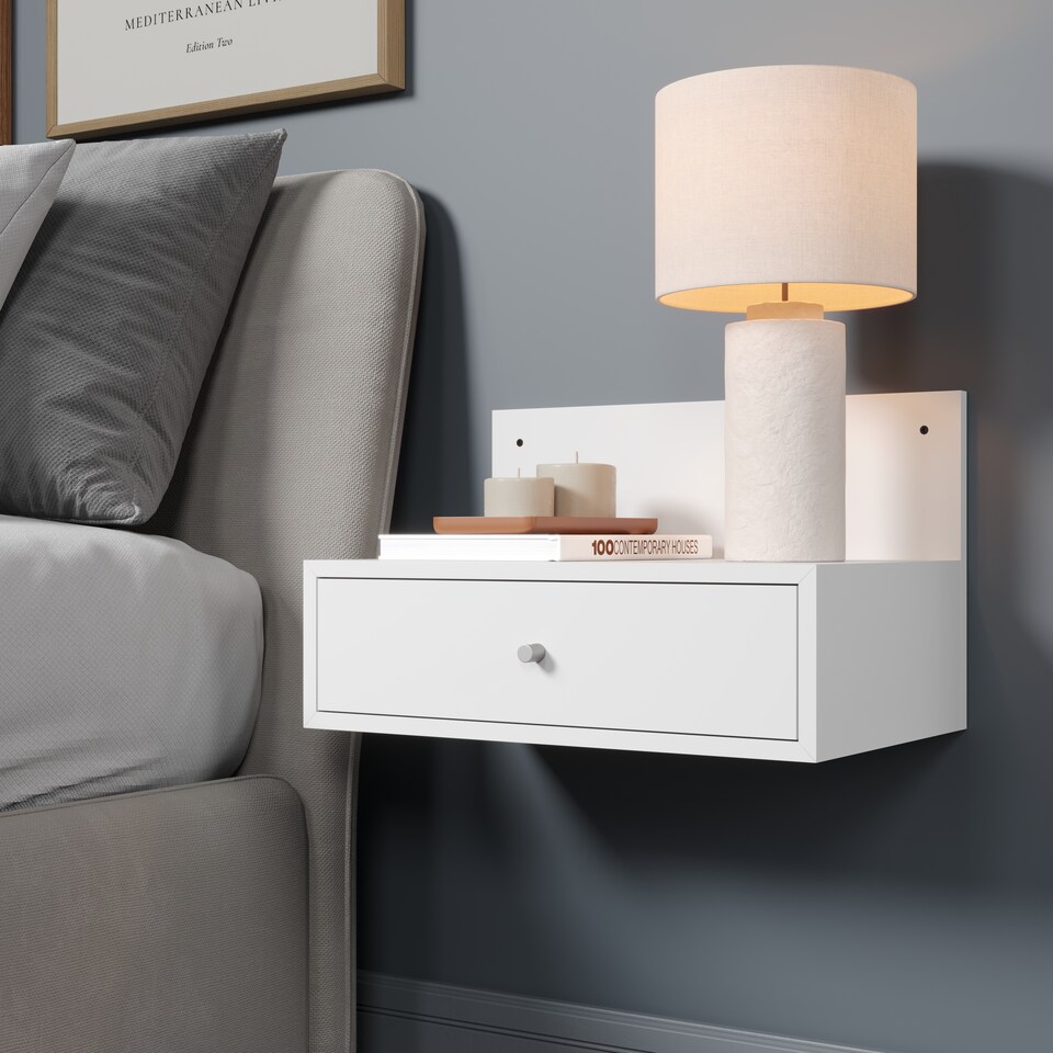 image 1 of Pair of Kelly Wall-Mounted Bedside Cabinets with Drawer - Modern Floating Bedside Tables | White | White | One Size | 2