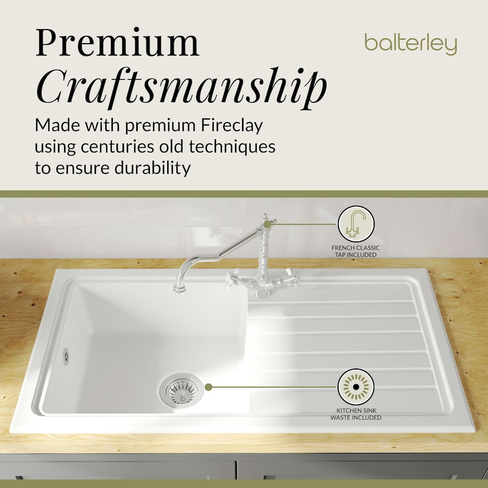 image 1 of Single Bowl Fireclay Inset Kitchen Sink & Drainer, Classic Tap & Wastes, 1010mm