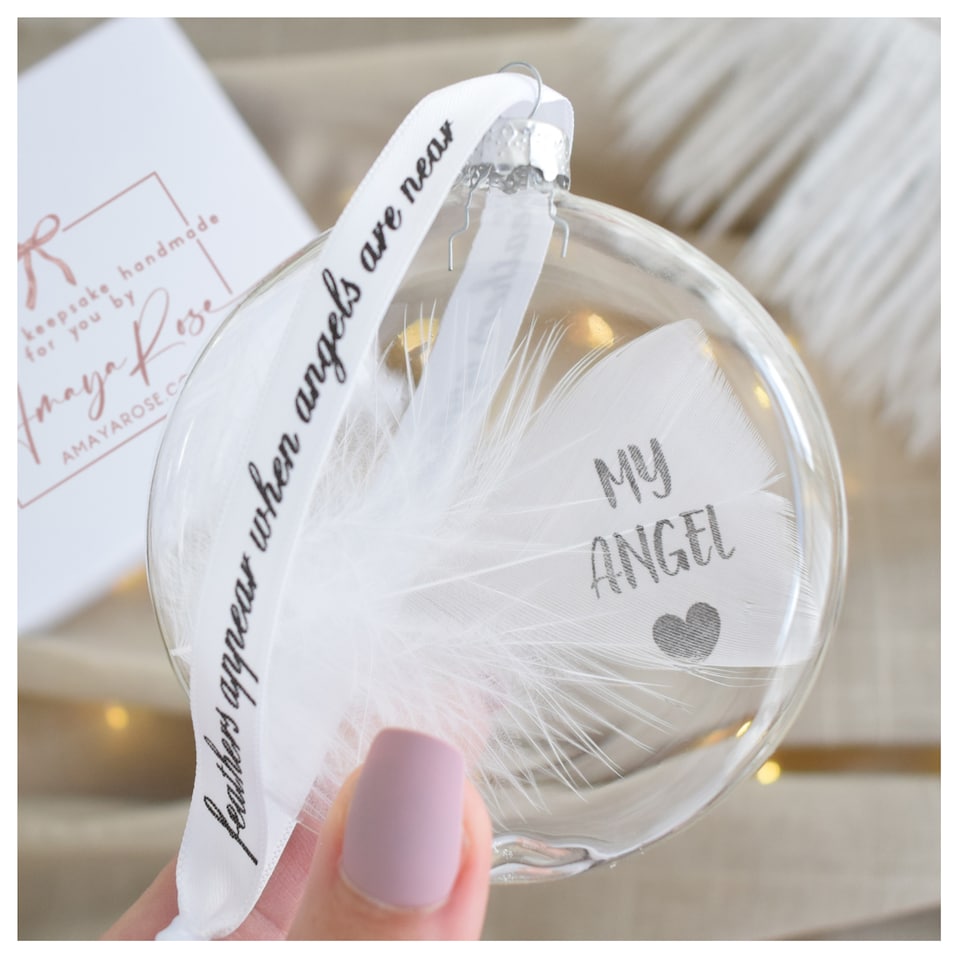 image 1 of In Memory of My Angel Feather Round Bauble Gift Boxed. Memorial Decor