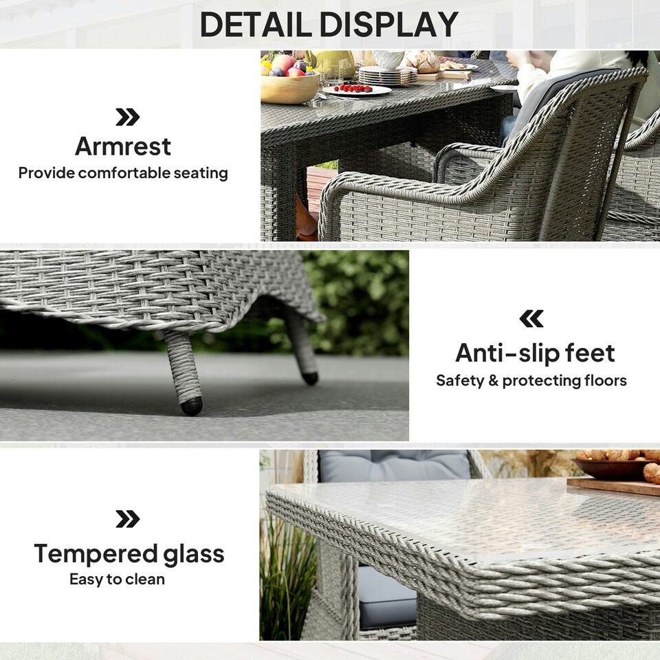 image 1 of Outsunny 6 Seater Rattan Dining Set with Glass Top Table and Cushions, Grey