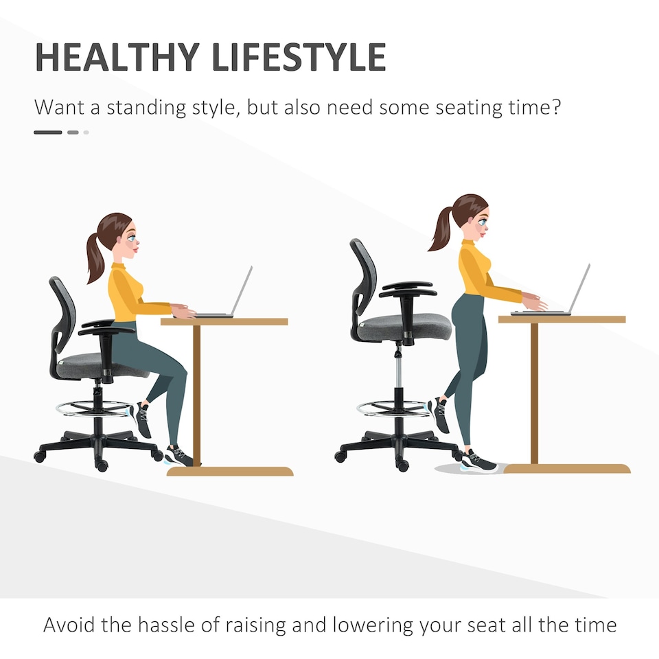 image 1 of Vinsetto Drafting Chair Tall Office Stand Desk Chair with Foot Ring, Arm, Wheel