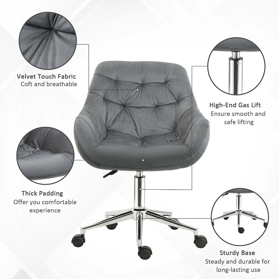 image 1 of Vinsetto Velvet Home Office Chair Desk Chair with Adjustable Height, Dark Grey