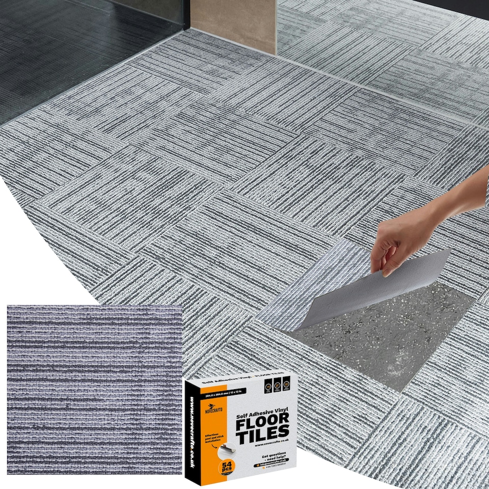 image 1 of NOVECRAFTO Peel & Stick Floor Tiles – Grey Carpet Effect, 12x12in (30.5x30.5cm), Self Adhesive, Durable, Easy Clean, Carpet Imitation Style Grey | 2.79 sqm