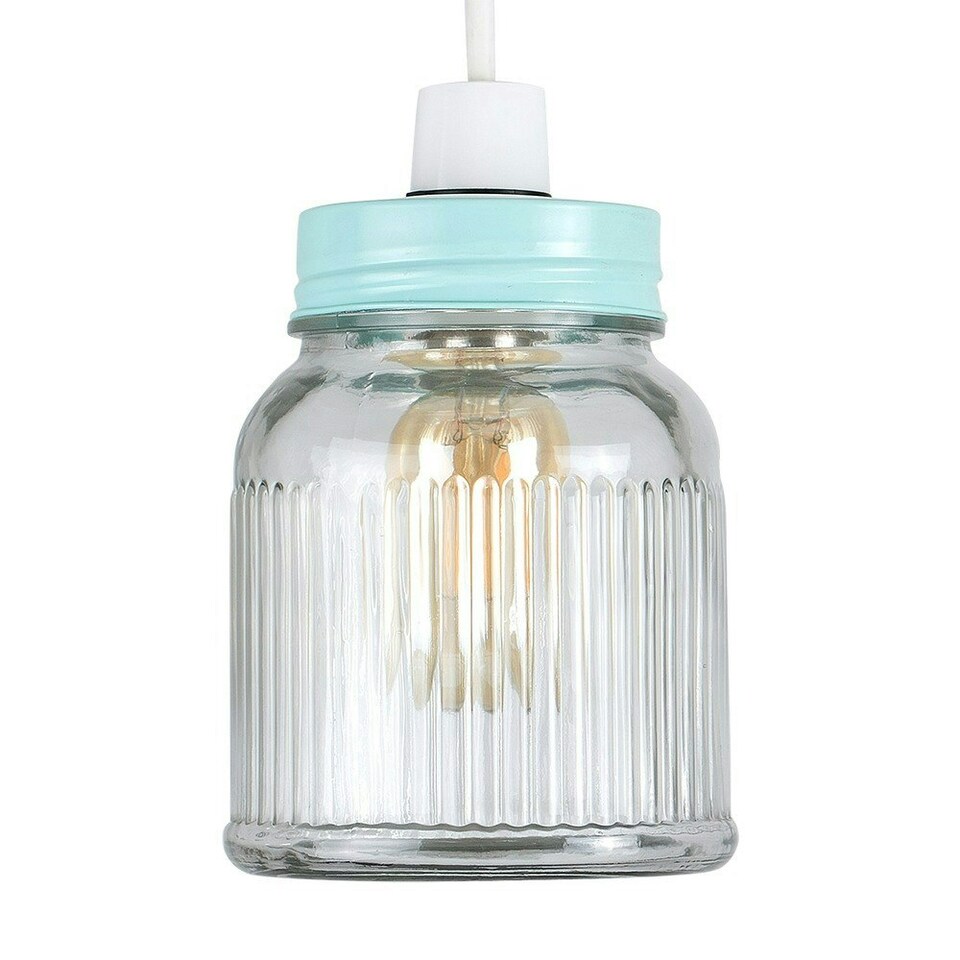 image 1 of ValueLights Retro Style Duck Egg Blue and Clear Glass Ribbed Pattern Design Jar Ceiling Pendant Light Shade