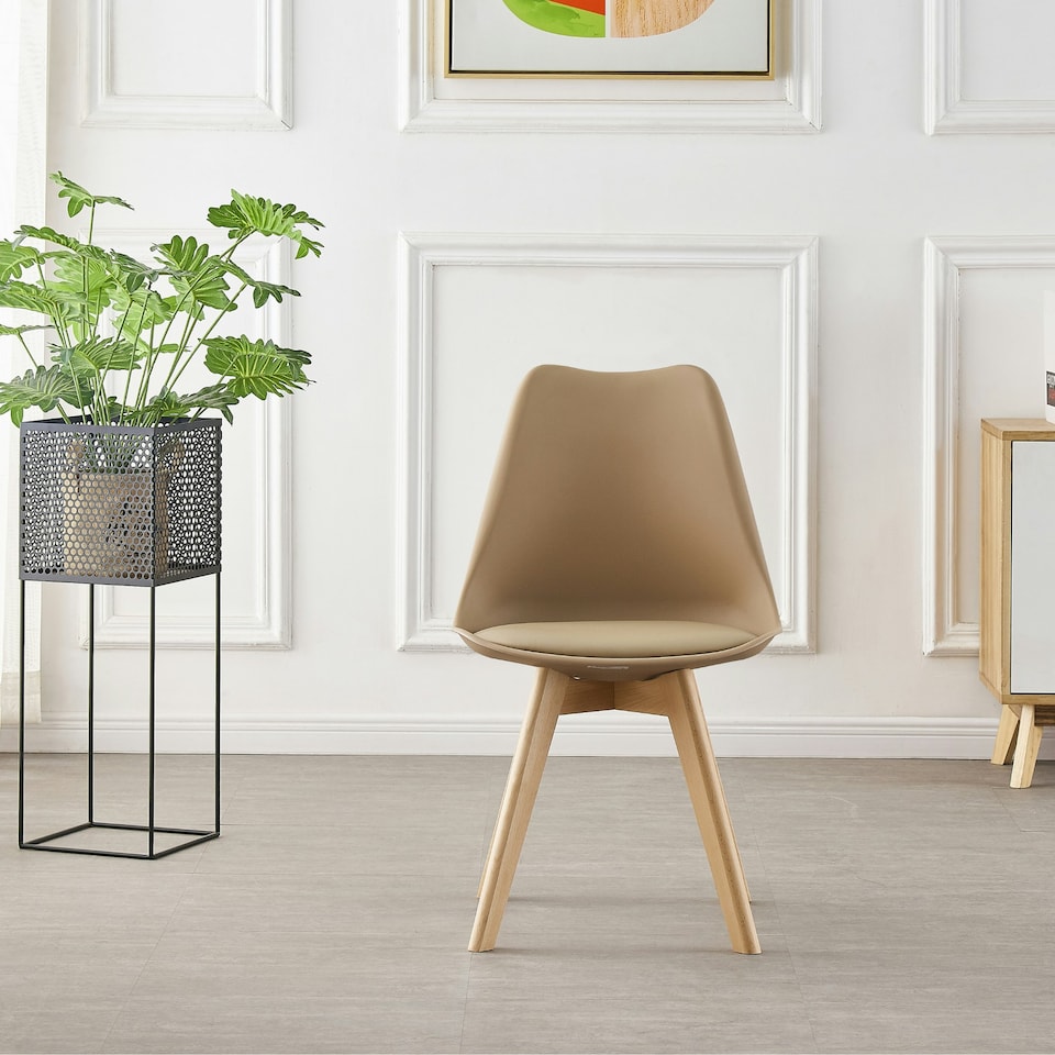 image 1 of Set of 2 Scandinavian Dining Chairs with Leather Cushions Solid Wood Legs Bronze | Vanilla