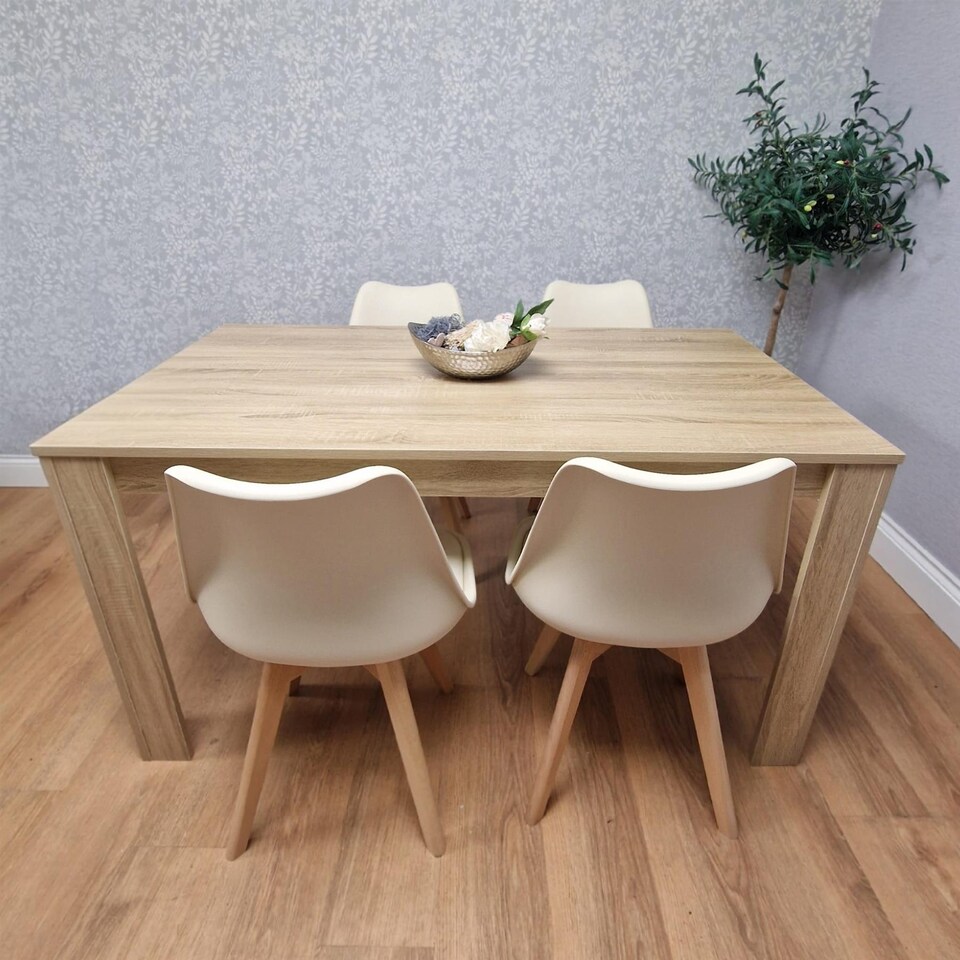 image 1 of Dining Table Set Oak Effect Table With 4 Cream Plastic Chairs Dining Room Furniture | Cream | One Size | 5