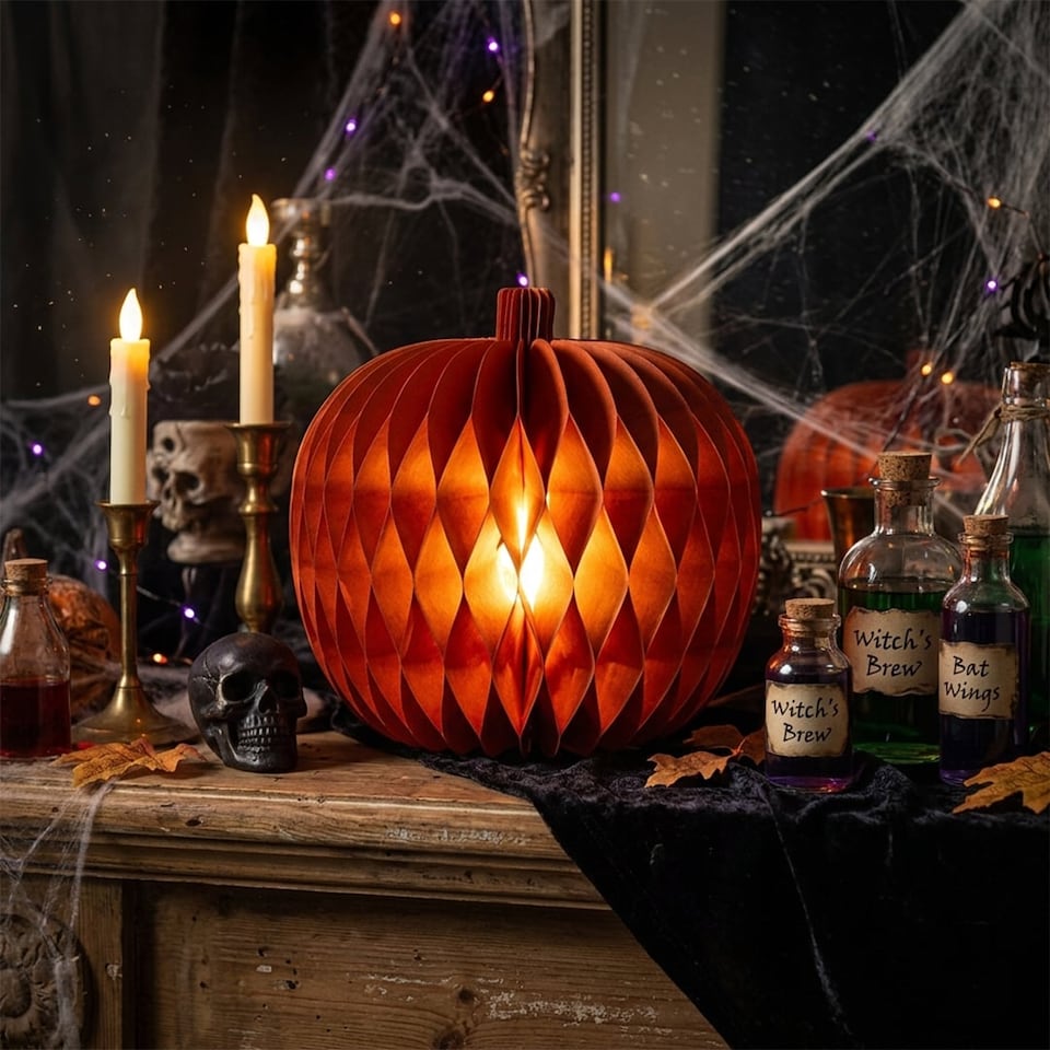 image 1 of Light Up Pumpkin Paper Halloween Decoration 38cm