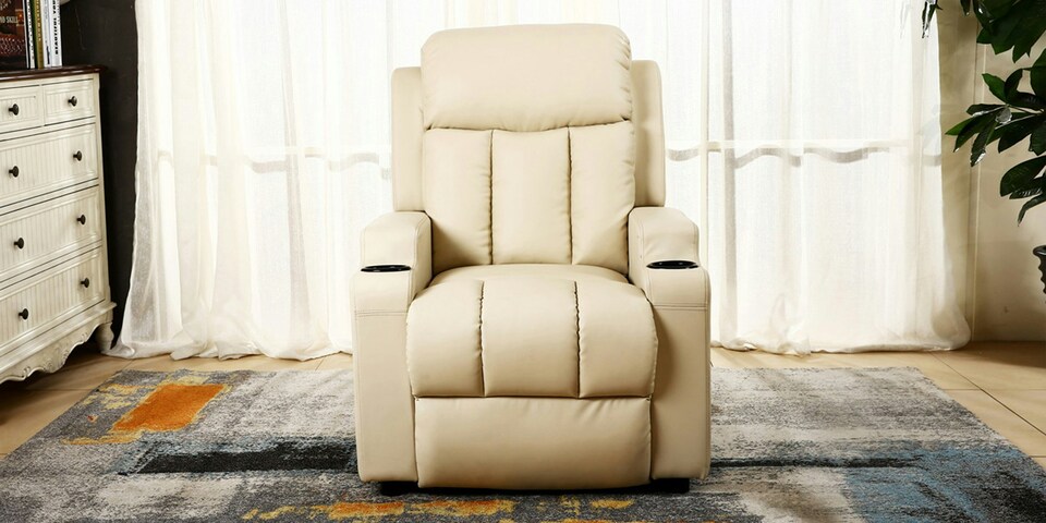 image 1 of Studio Bonded Leather Recliner w Drink Holders Sofa Chair (Cream)