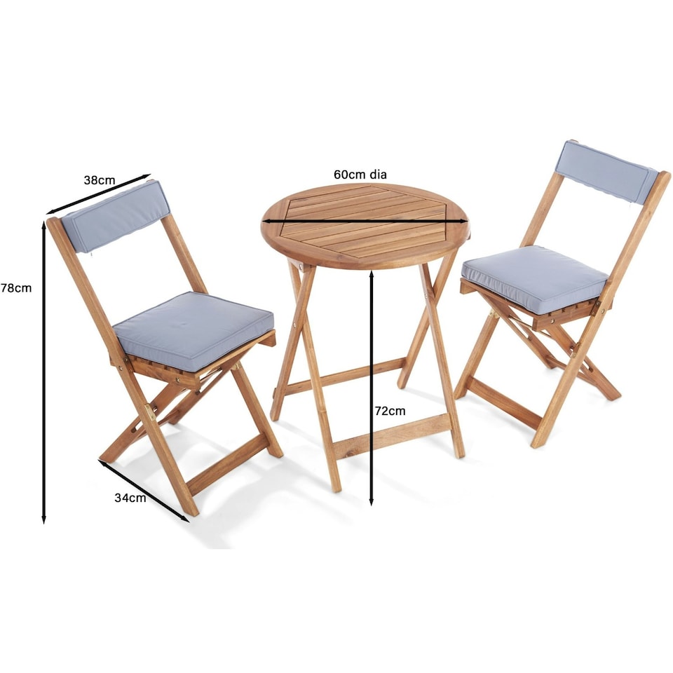 image 1 of Greenhurst Natural Wooden Bistro Set – Foldable Table & 2 Cushioned Chairs for Outdoor Dining
