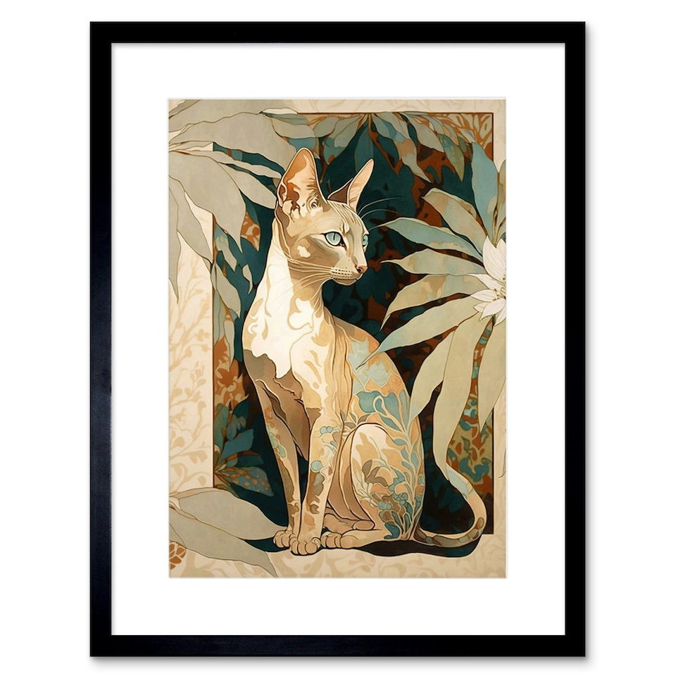 image 1 of Oriental Shorthair Cat Botanical Fur Plants 9x7" Black Framed Wall Art Print