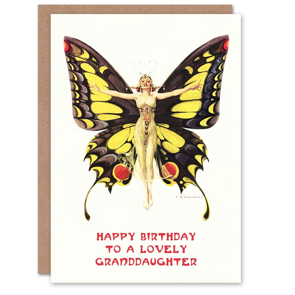 image 1 of 1920S Nouveau Butterfly Woman Elegant Fun Granddaughter Birthday Card