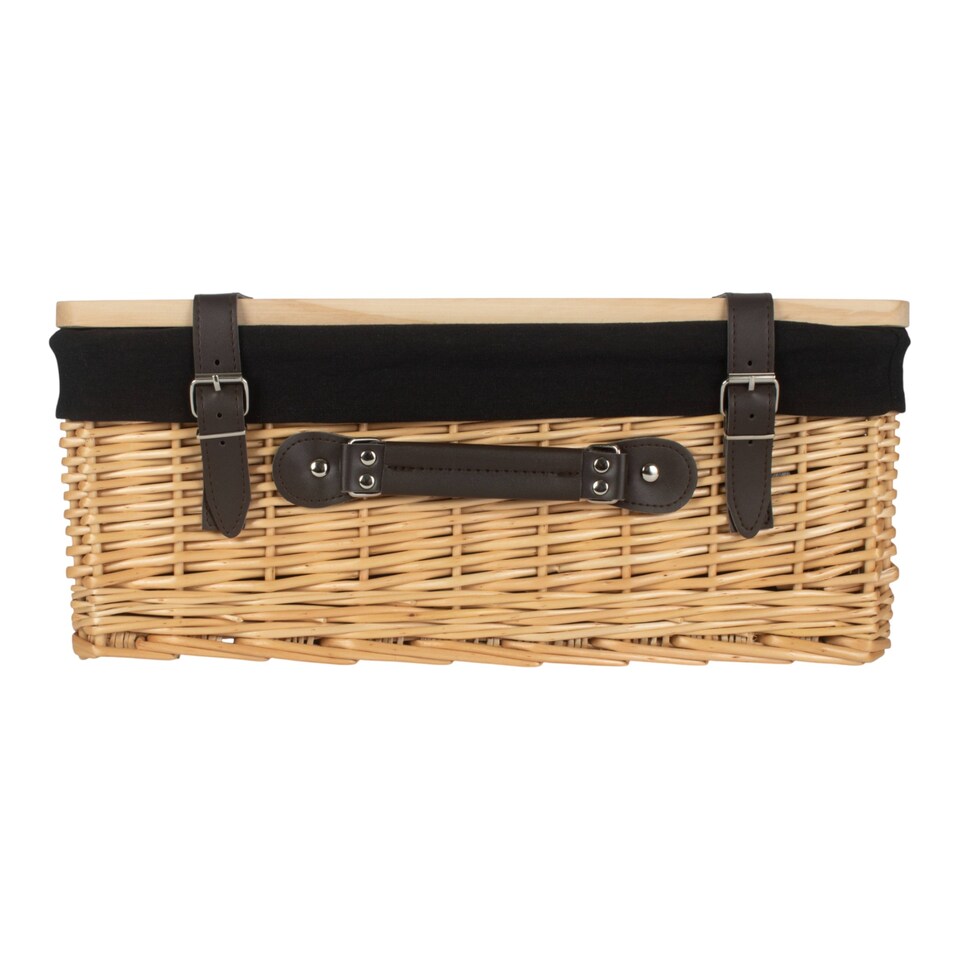 image 1 of 41cm Buff Black Lined Willow Empty Picnic Basket with Pinewood Lid | Brown | Black | M | 1
