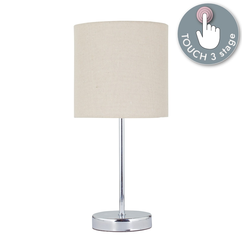 image 1 of First Choice Lighting Chrome Touch Operated Table Lamp with Natural Linen Shade Chrome | Brown
