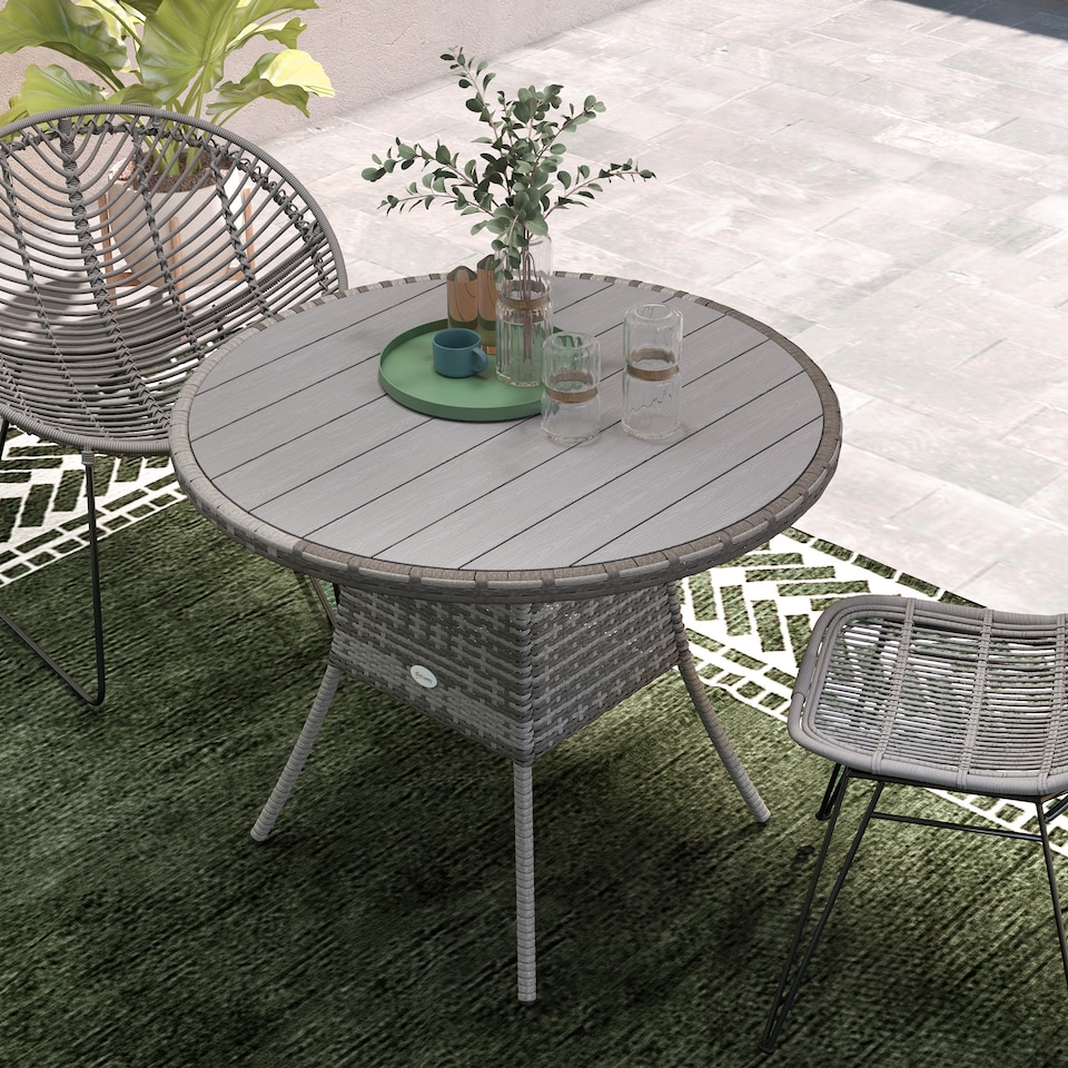 image 1 of Outsunny Outdoor PE Rattan Dining Table w/ Wood-plastic Composite Top, Grey