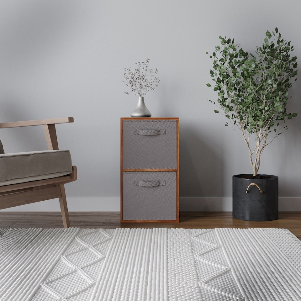 image 1 of 2-Tier Cube Shelving Unit with Inserts | Brown | Teak & Grey | 1