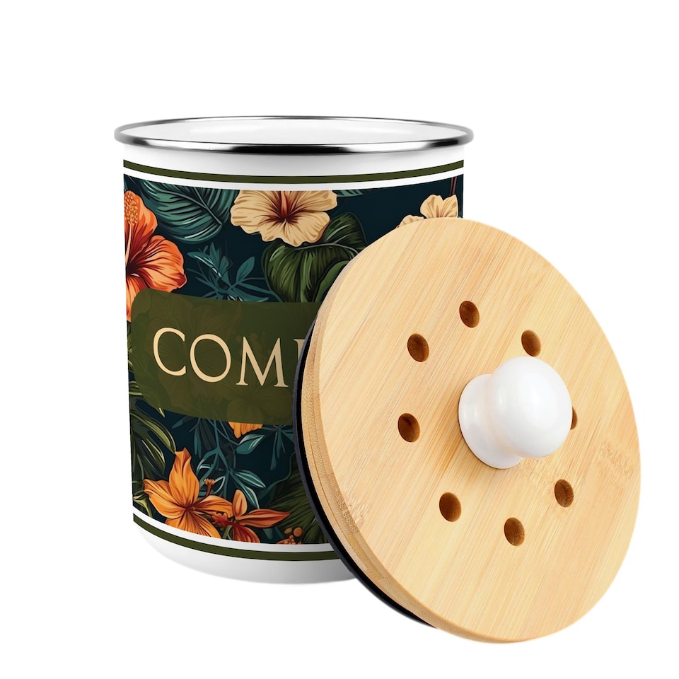 image 1 of Dark Hibiscus Compost Caddy - Metal 2L Decorative Kitchen Food Waste Bin