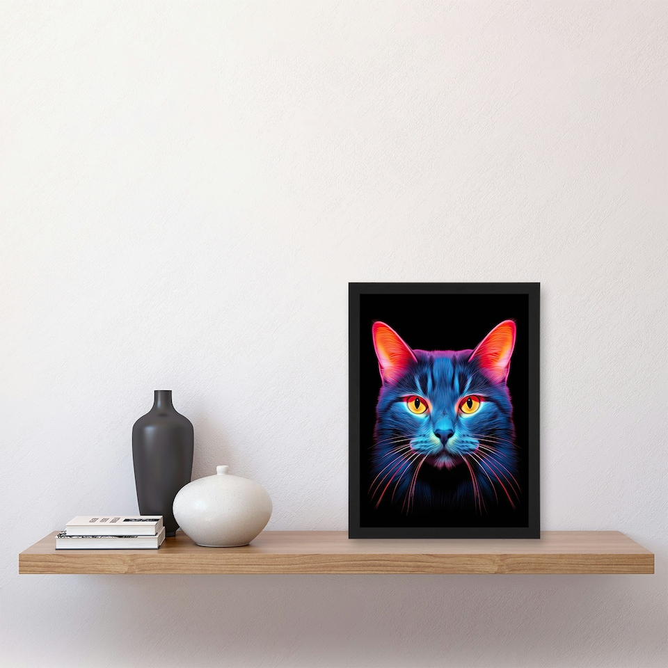 image 1 of Luminescent Cat Orange Purple High Contrast Black Framed Wall Art Print A4