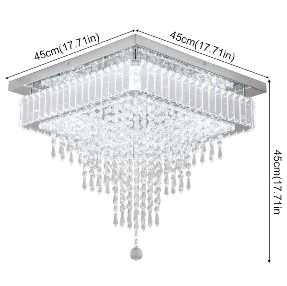 image 1 of Crystal Square Chandelier LED Ceiling Light Silver Cool White 45cm
