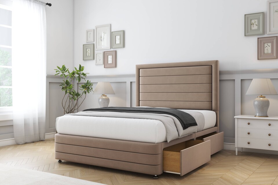 image 1 of Sloomy Ashford Mink Plush Divan Bed Base 4 Drawers With 54 Inch Floor Standing Headboard & 12 Inch Matching Footboard | Brown | Mink | Super King | 1