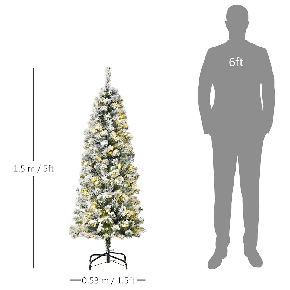 image 1 of HOMCOM 5FT Prelit Artificial Snow Flocked Christmas Tree with Warm White LED Light, Holiday Home Xmas Decoration, Green White