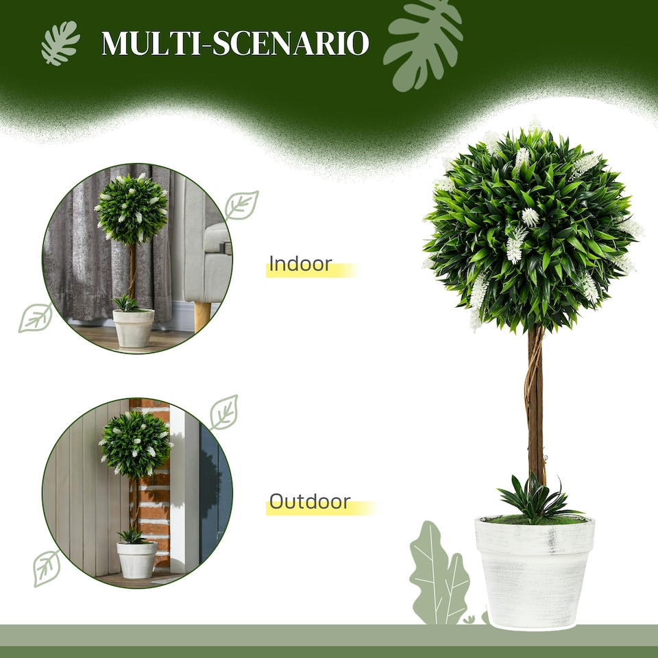 image 1 of HOMCOM Set of 2 Potted Artificial Plants Ball Tree with Flowers, Pink