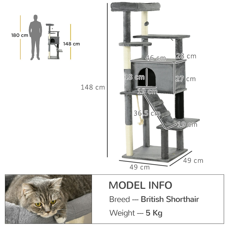image 1 of PawHut Cat Tree with Scratching Post House Bed Toy for 2 Cats, 148cm, Grey