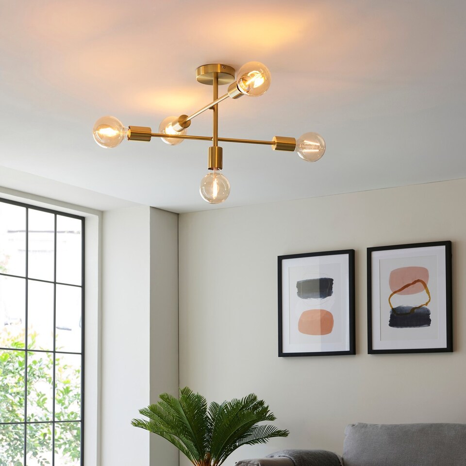 image 1 of Studio Multi Arm Lamp Semi Flush Ceiling Lamp, Satin Brass Plate