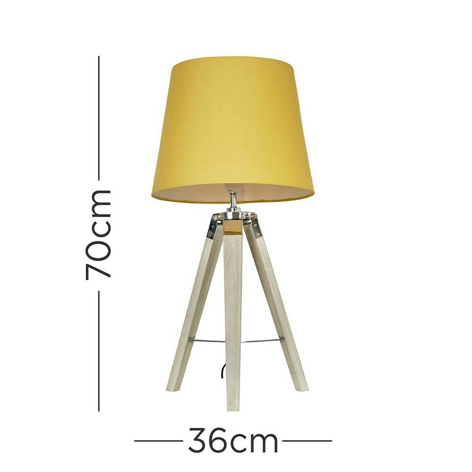 image 1 of ValueLights Distressed Wood and Silver Chrome Tripod Table Lamp with a Mustard Tapered Light Shade - Complete with a 6w LED GLS Bulb 3000K Warm White