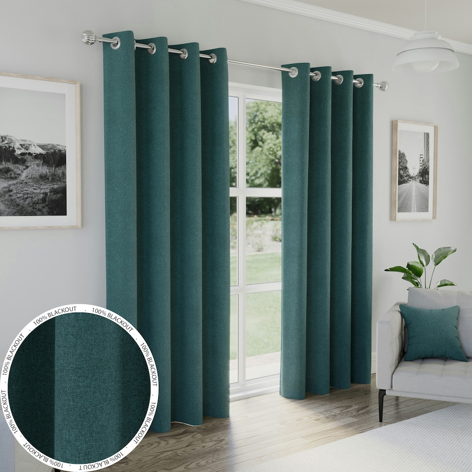 image 1 of Austin Teal Blackout Curtains 66 x 54 inch (168 x 137 cm) 100% Blackout Eyelet Thermal Noise Reducing Curtains for Bedroom and Living Room