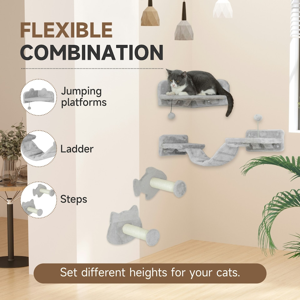 image 1 of PawHut4 Piece Cat Wall Shelves Wall-Mounted Tree with Platforms Light Grey